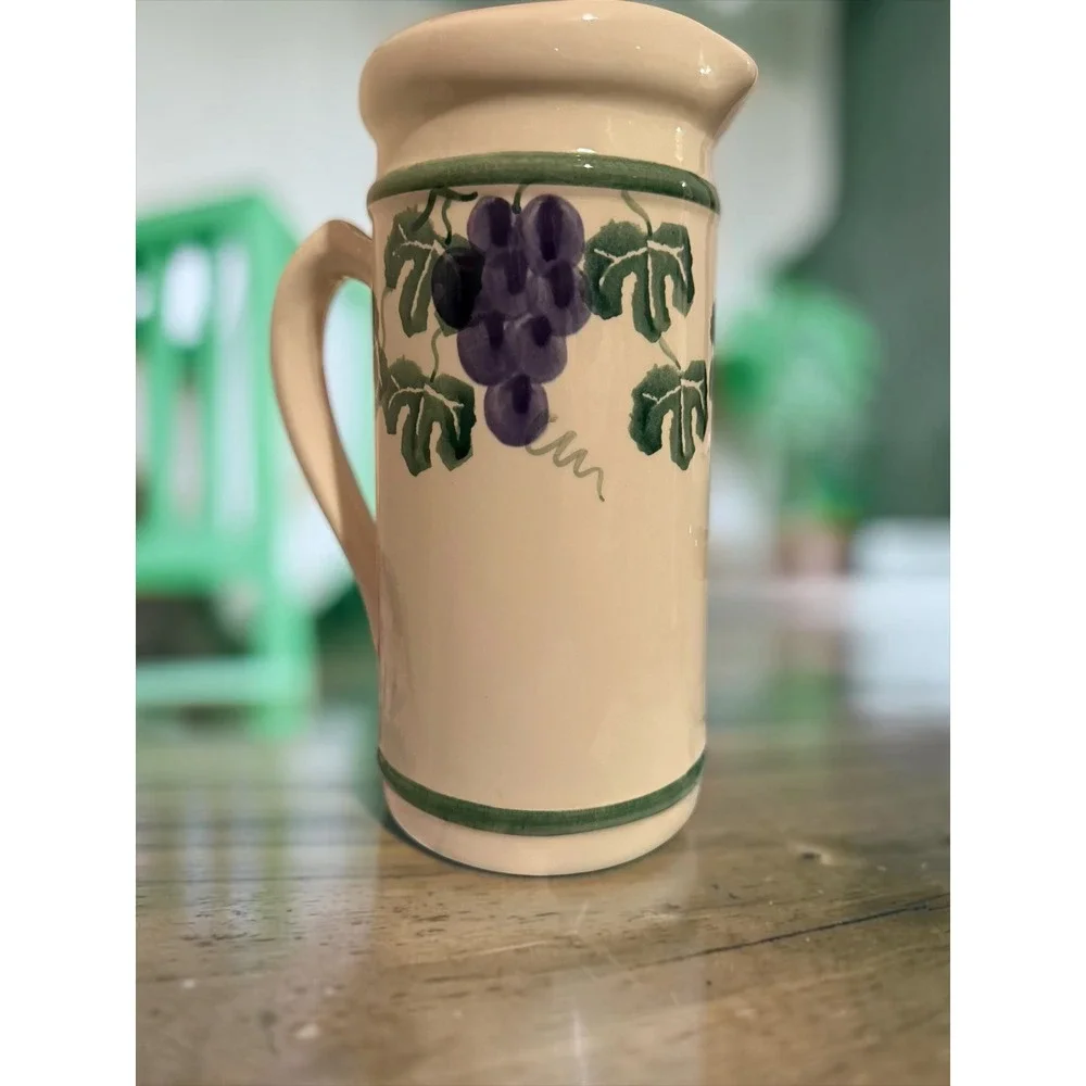Crock Shop Santa Ana Ca Vintage Ceramic Pitcher Grape Vine Hand Painted Cream
